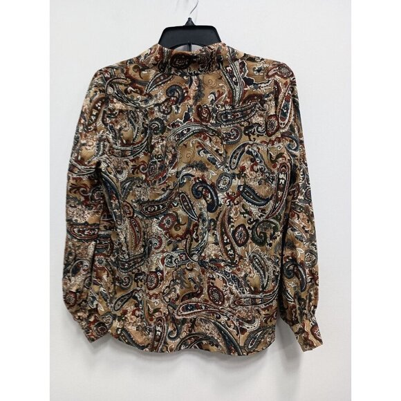 Talbots Womens Paisley Silk Top Size 6 Petite Brown Black Long Sleeve Button Up - Picture 9 of 9